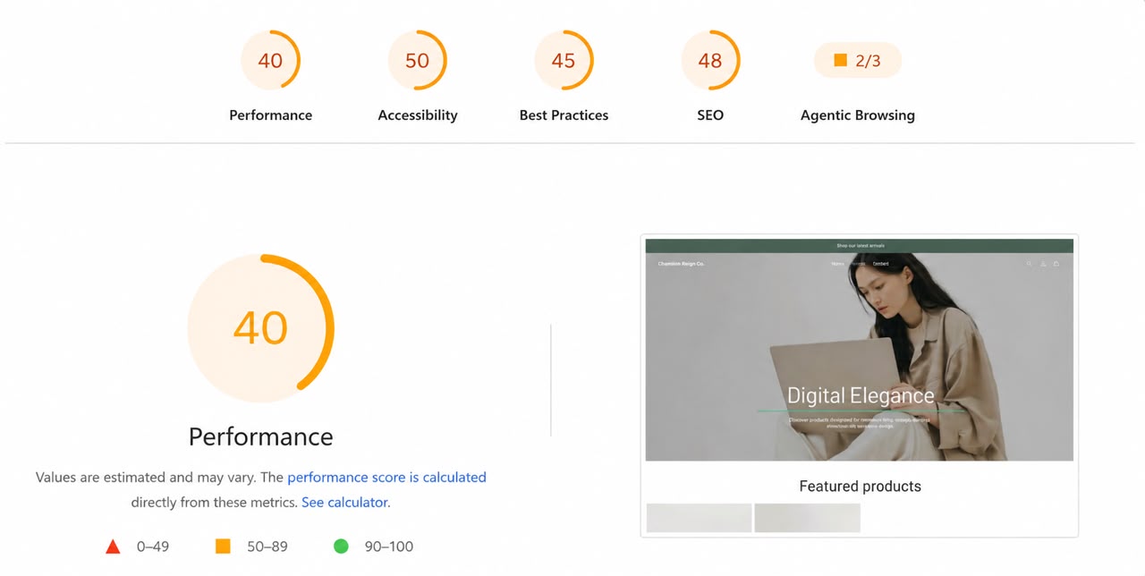Lighthouse scores before our SEO and performance work